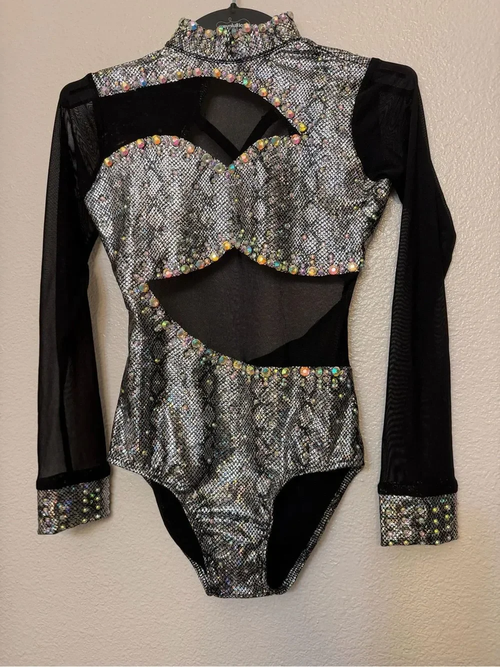 Glamour Silver Snakeskin Contemporary Dance Costume long Sleeve Rhinestone LC